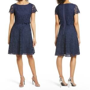 Shani New Womens Lace Fit and Flare Dress Short Sleeve Navy Blue Size 16 Classic